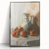 Mid-century modernist art featuring assorted fruits in vibrant colors on a silver-framed acrylic print.