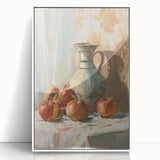 Acrylic print of assorted fruits in art deco style, using pastel colors, framed in white, ideal for modern kitchen decor.