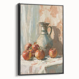 Black and white vintage poster art of assorted fruits on framed canvas, suitable for bedroom wall decor.