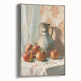Framed canvas depicting a vintage poster of colorful fruits, ideal for kitchen wall art.