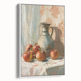 Vintage poster art of colorful fruits on a white-framed canvas, ideal for living room decor.
