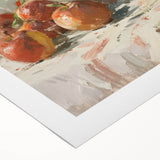 Art deco poster featuring an array of vibrant fruits on a rolled canvas, ideal for dining room wall art.