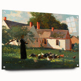Realism Art Prints - Farmyard Scene with Woman Feeding Birds on Canvas