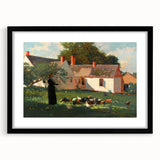 Realism Art Prints - Farmyard Scene with Woman Feeding Birds on Canvas