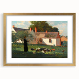 Realism Art Prints - Farmyard Scene with Woman Feeding Birds on Canvas