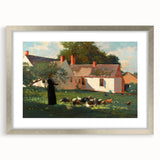 Realism Art Prints - Farmyard Scene with Woman Feeding Birds on Canvas