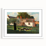 Realism Art Prints - Farmyard Scene with Woman Feeding Birds on Canvas