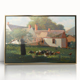 Realism Art Prints - Farmyard Scene with Woman Feeding Birds on Canvas