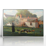 Realism Art Prints - Farmyard Scene with Woman Feeding Birds on Canvas