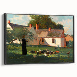Realism Art Prints - Farmyard Scene with Woman Feeding Birds on Canvas