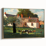 Realism Art Prints - Farmyard Scene with Woman Feeding Birds on Canvas