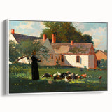Realism Art Prints - Farmyard Scene with Woman Feeding Birds on Canvas