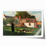 Realism Art Prints - Farmyard Scene with Woman Feeding Birds on Canvas
