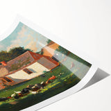 Realism Art Prints - Farmyard Scene with Woman Feeding Birds on Canvas