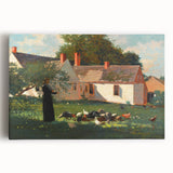 Realism Art Prints - Farmyard Scene with Woman Feeding Birds on Canvas