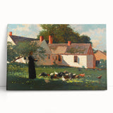 Realism Art Prints - Farmyard Scene with Woman Feeding Birds on Canvas
