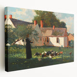 Realism Art Prints - Farmyard Scene with Woman Feeding Birds on Canvas