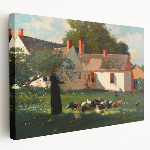 Realism Art Prints - Farmyard Scene with Woman Feeding Birds on Canvas