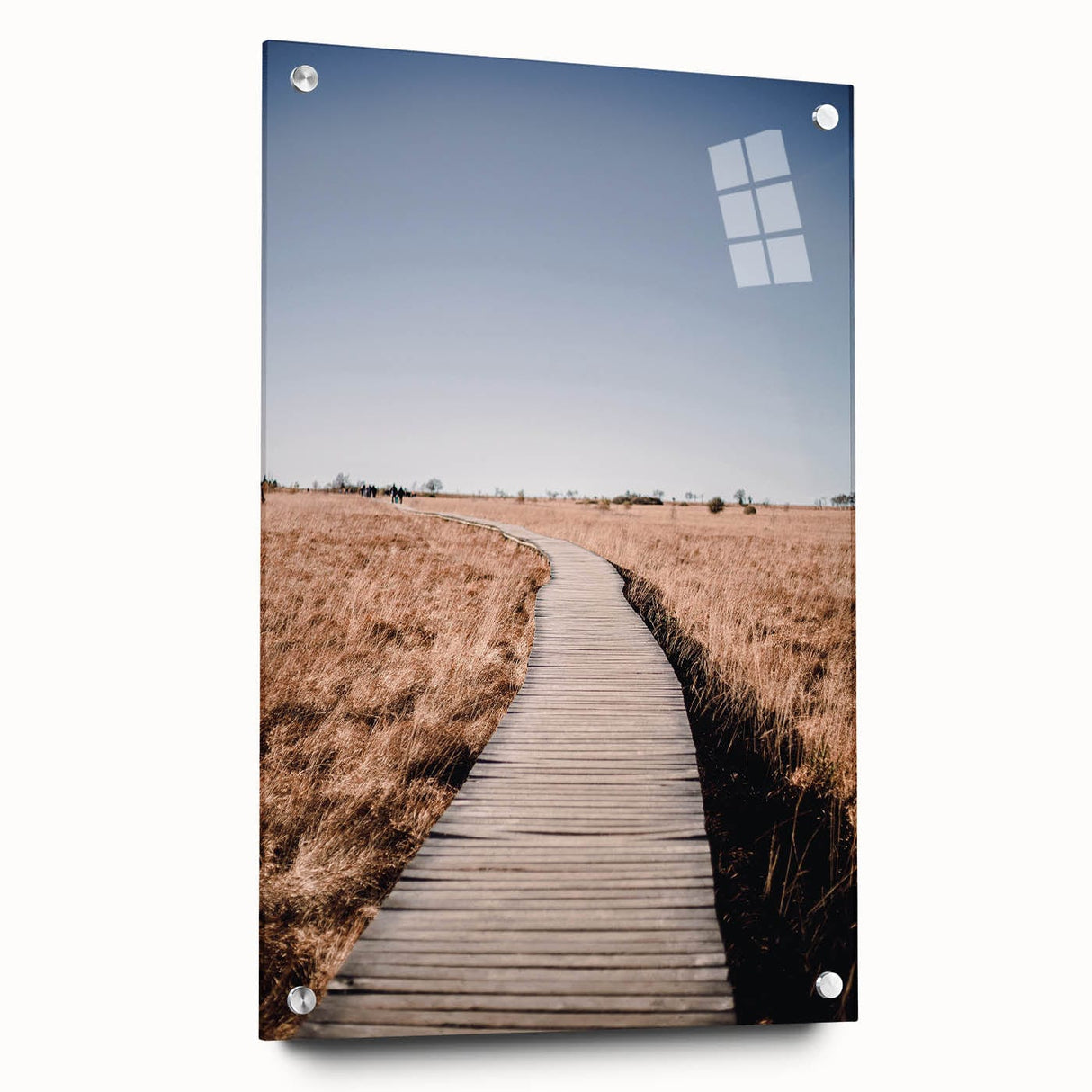 Large abstract wall art depicting a fall scene in orange and brown tones on acrylic glass.