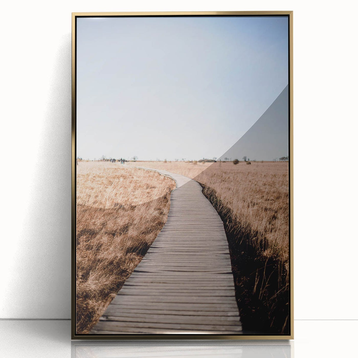 Large art print featuring a mid-century modernist autumn landscape in gold and orange tones, framed acrylic.