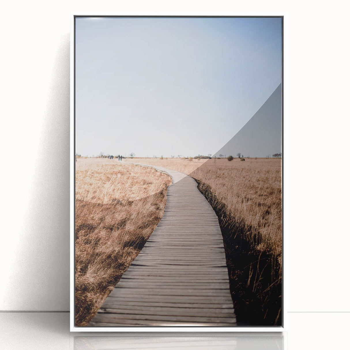 Art deco poster featuring an autumn-themed illustration in warm orange and brown tones, framed in white acrylic.