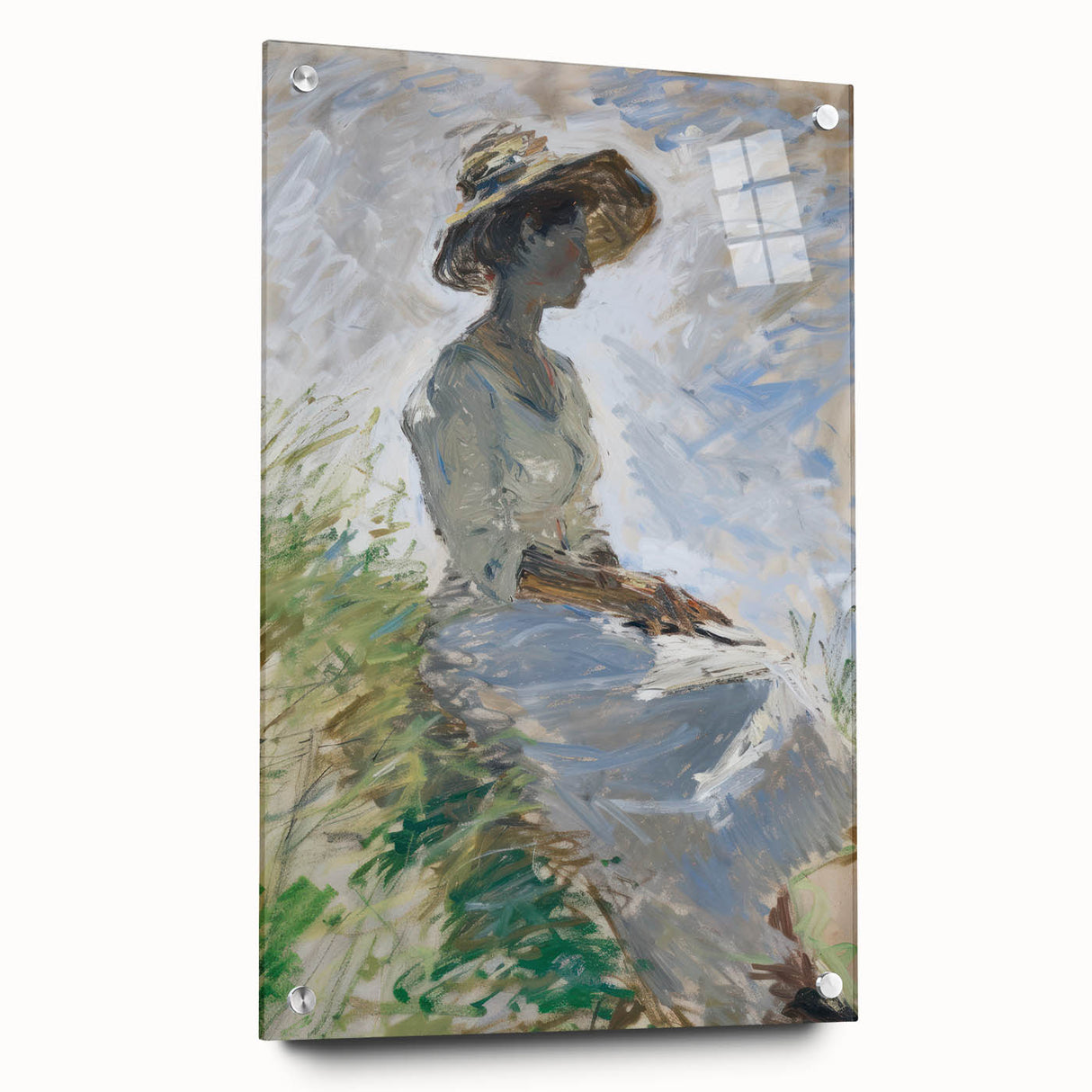 Abstract figurative acrylic artwork displayed in a glass frame, showcasing vibrant colors and intricate pin details, perfect for modern home decor.
