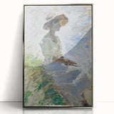 Abstract figurative artwork framed in silver acrylic, showcasing vibrant colors and dynamic shapes, perfect for modern home decor or art enthusiasts.