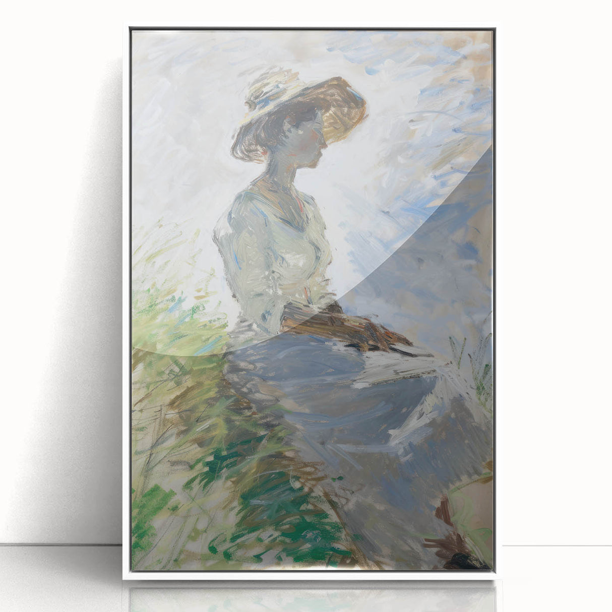 Abstract figurative artwork in a sleek white frame, showcasing vibrant colors and dynamic shapes, perfect for modern home decor and artistic expression.