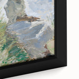 Close-up of a vibrant abstract figurative framed canvas artwork, showcasing bold colors and intricate details, perfect for modern home decor and artistic expression.