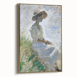 Framed abstract figurative canvas artwork in gold, showcasing unique shapes and designs, perfect for modern home decor. Side view highlights the elegant frame and rich colors.