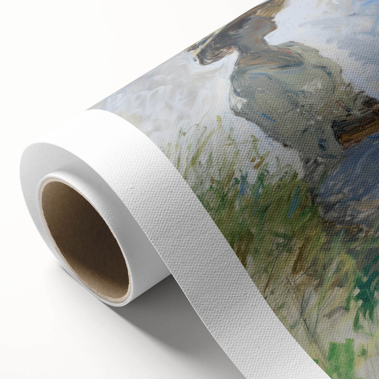 Abstract figurative rolled canvas artwork showcasing vibrant colors and dynamic shapes, perfect for modern home decor, delivered in protective cardboard packaging.