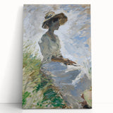 Abstract figurative stretched canvas artwork featuring vibrant colors and dynamic shapes, leaning against a neutral wall, perfect for modern home decor.