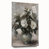 Abstract floral design on acrylic glass, featuring vibrant colors and intricate patterns, displayed from a side view with decorative pins, perfect for modern home decor.