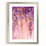 Abstract floral artwork framed in silver, showcasing intricate patterns and vibrant colors, perfect for modern home decor or gallery display. The mat enhances the visual appeal and provides a polished finish.