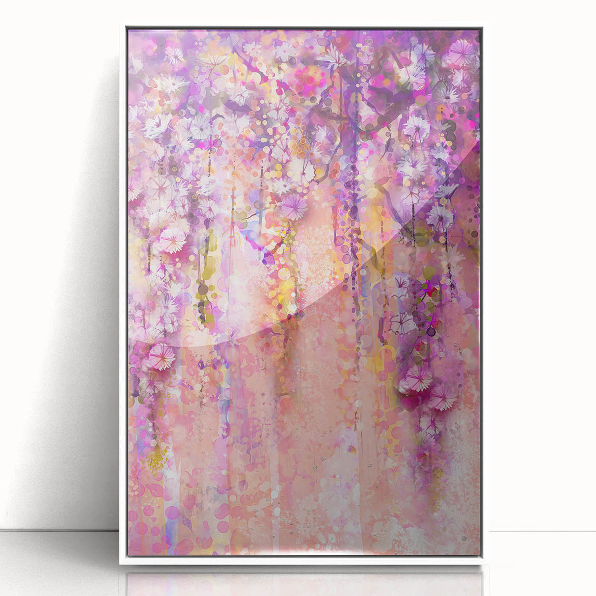 Framed acrylic artwork showcasing vibrant abstract floral designs in shades of pink, blue, and green, presented in a sleek white frame, perfect for modern home decor.