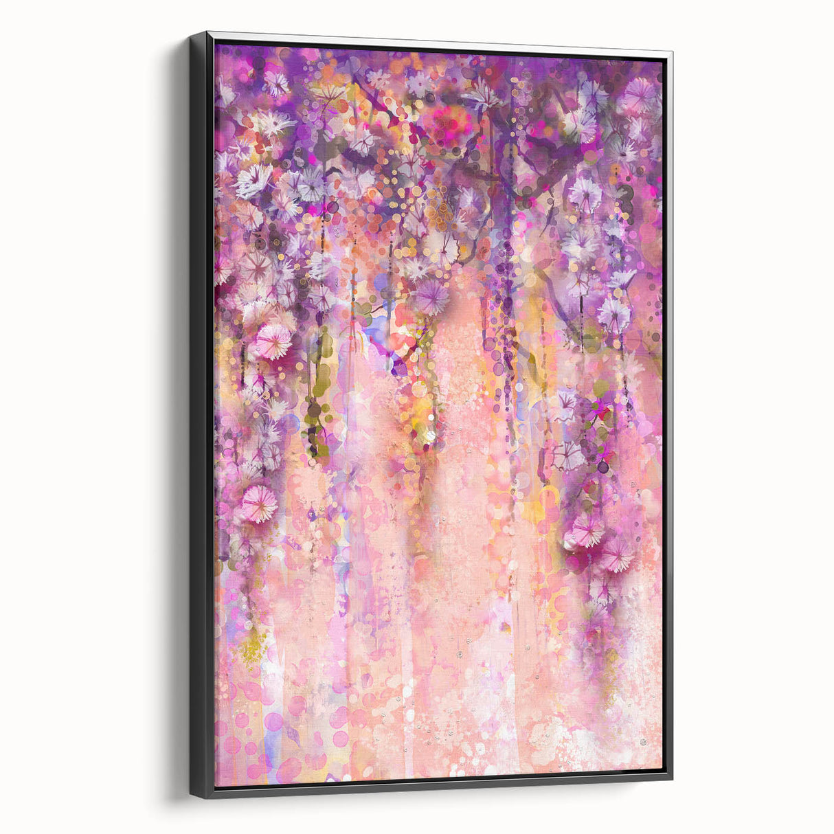 Framed canvas artwork showcasing vibrant abstract floral designs in shades of pink, blue, and green, set against a sleek black frame, ideal for modern decor.