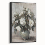 Framed canvas artwork showcasing a vibrant abstract floral design with black accents, displayed from a side view, perfect for modern home decor.