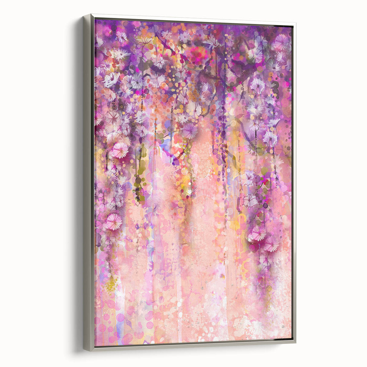 Framed canvas artwork displaying an abstract floral design in vibrant colors, set in a sleek silver frame, perfect for modern home decor or office space enhancement.