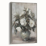 Framed canvas art showcasing an abstract floral design with silver accents, viewed from the side, perfect for modern home decor.