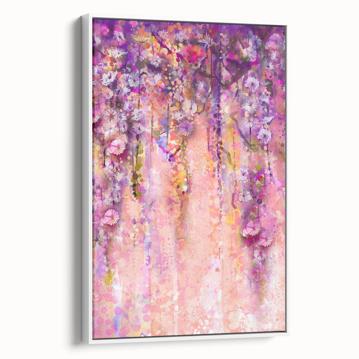 Framed canvas artwork displaying abstract floral designs in soft pastel colors, set against a white background; ideal for modern home decor and interior styling.