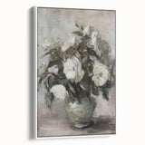Framed canvas showcasing an abstract floral design in vibrant colors, featuring a sleek white border, perfect for modern home decor and artistic enhancement.