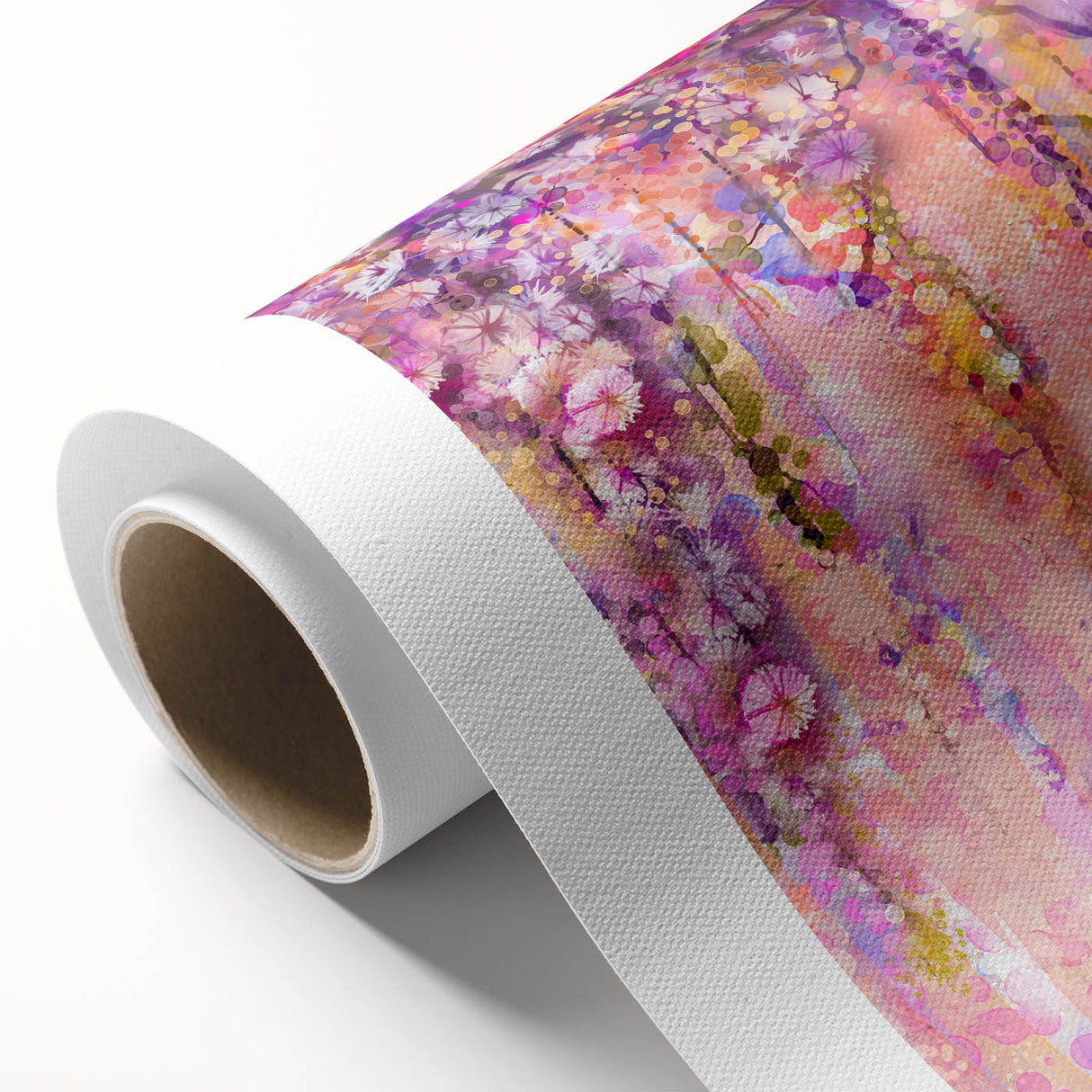 Abstract floral design on rolled canvas, showcasing vibrant colors and intricate patterns, perfect for home decor. Packaged securely in a protective cardboard tube to ensure safe delivery.
