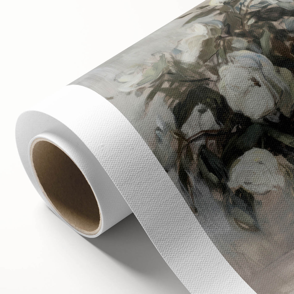 Abstract floral design on rolled canvas displaying vibrant colors, featuring intricate patterns and textures, ideal for modern home decor, shipped in a protective tube.