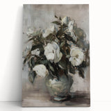 Abstract floral stretched canvas artwork showcasing vibrant colors and dynamic shapes, elegantly leaning against a wall, perfect for modern home decor.