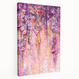 Abstract floral design on stretched canvas, showcasing vibrant colors and intricate patterns. The side view highlights its textured surface, perfect for modern decor.
