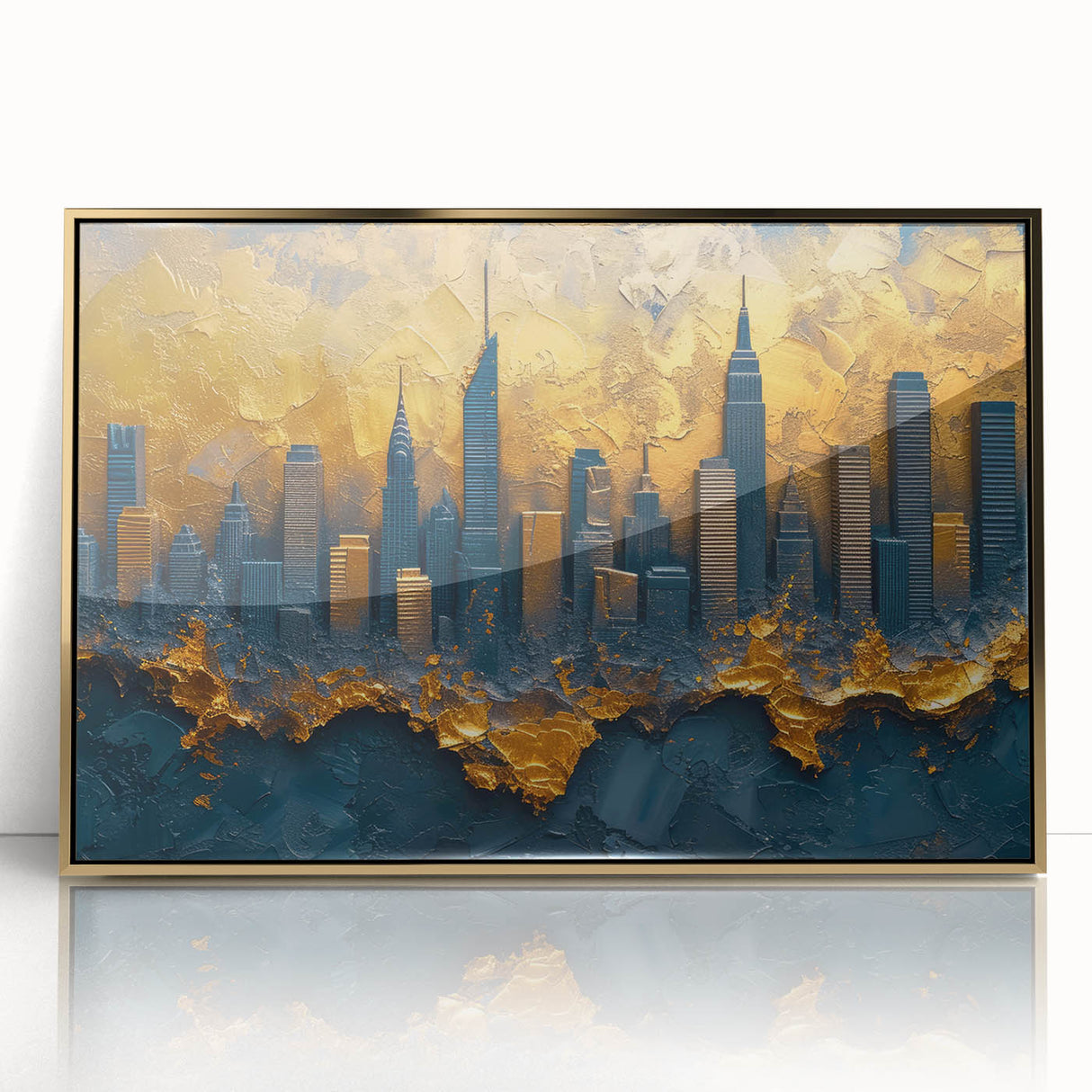 Framed abstract landscape wall art in gold acrylic, showcasing vibrant colors and dynamic shapes, perfect for modern home decor in living spaces or offices.