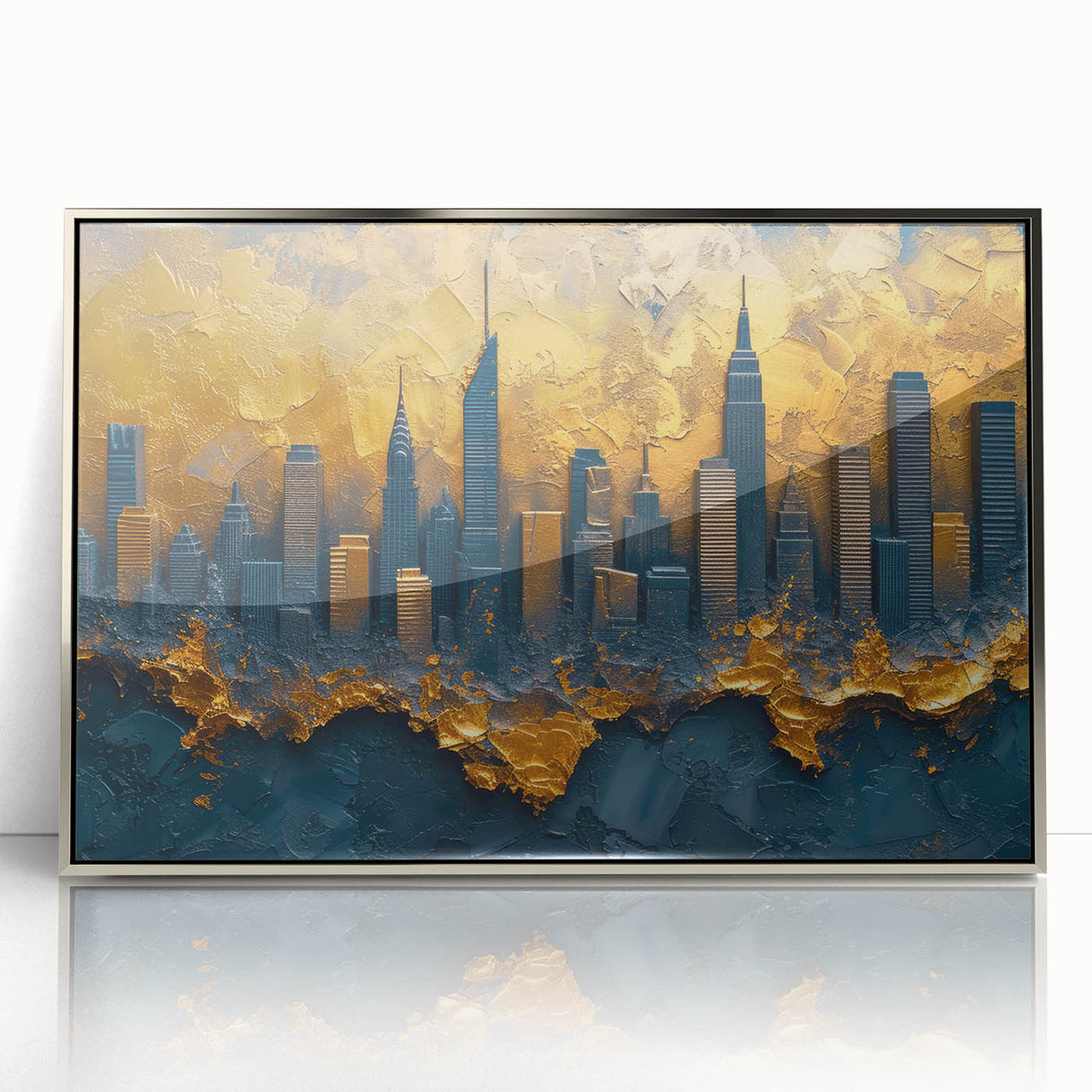 Framed abstract landscape wall art featuring vibrant colors and fluid shapes, elegantly set in a silver frame, ideal for modern home décor and artistic interiors.