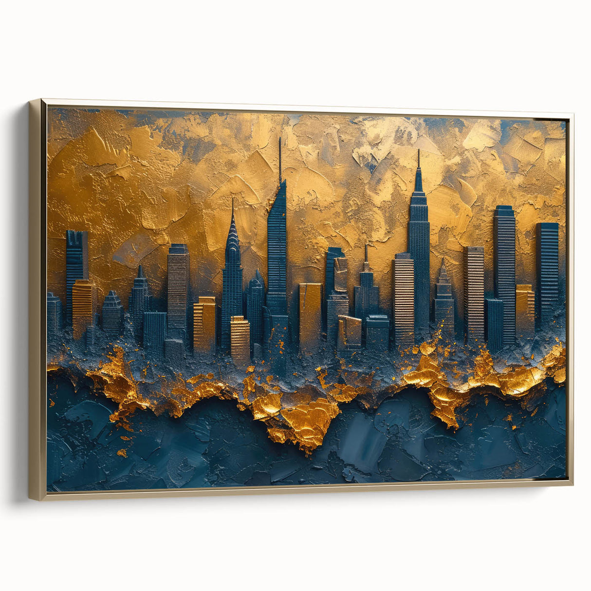 Framed canvas wall art showcasing an abstract landscape design with gold accents, viewed from the side, perfect for modern home decor. Ideal for enhancing interior aesthetics with a touch of sophistication.
