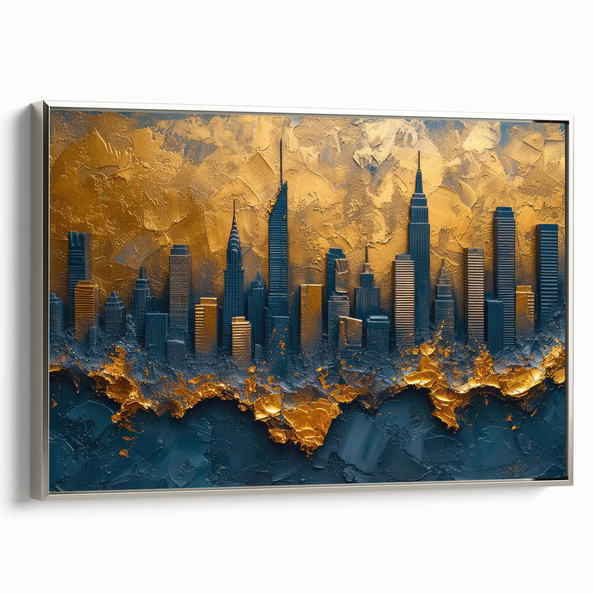 Framed abstract landscape wall art featuring a silver frame, showcasing vibrant colors and intricate details, adding a modern touch to any room decor.