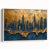 Framed abstract landscape wall art featuring an intricate design with vibrant colors and textures, displayed from a white side view to highlight its artistic depth.